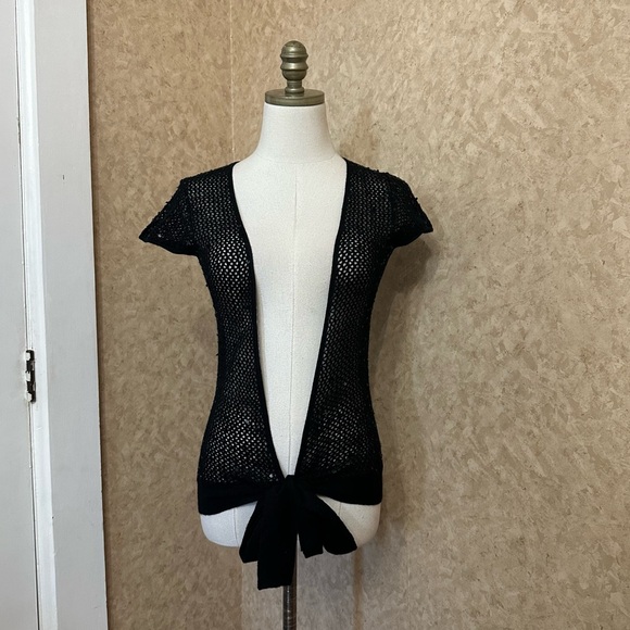 VTG Y2K 2000s Open Front Knitted Short Sleeve Tie Front Deep V Cardigan Sweater - Picture 1 of 7